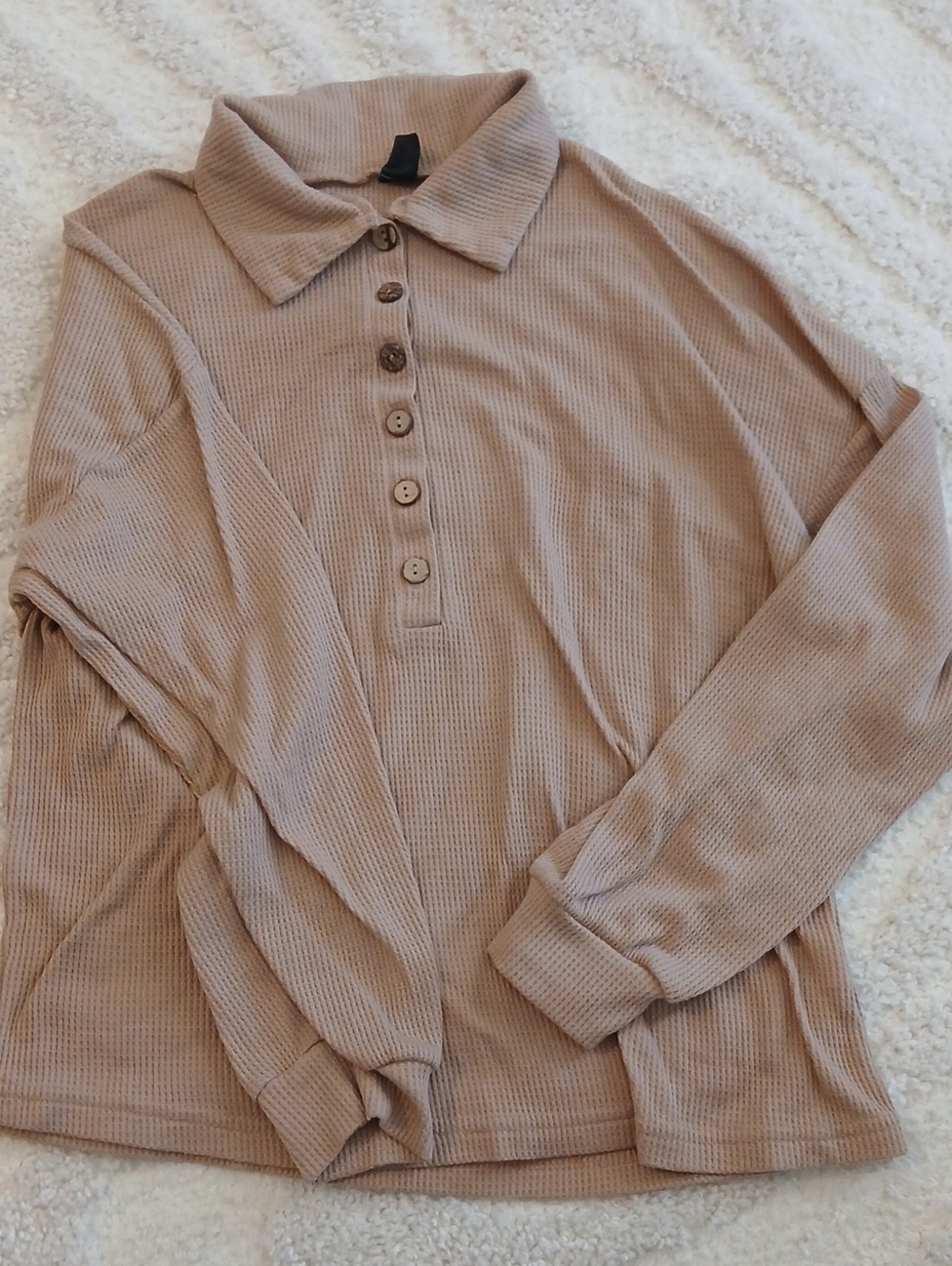SHEIN Taupe Waffle-Knit Button Polo Sweater